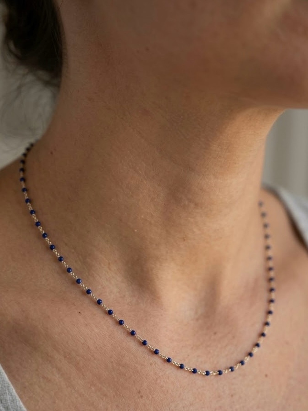 Dainty Gold & Navy Blue Enamel Beaded Chain Choker Necklace